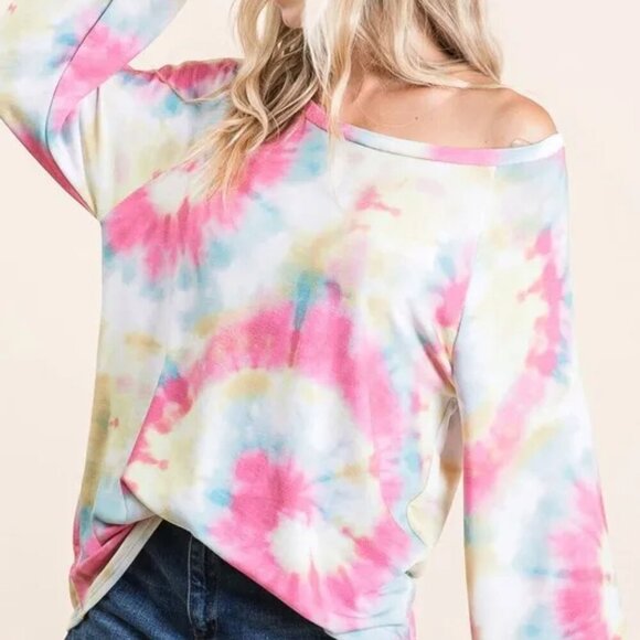 BiBi Tie Dye Print Terry Top With Puff Sleeves‎ - Picture 5 of 7